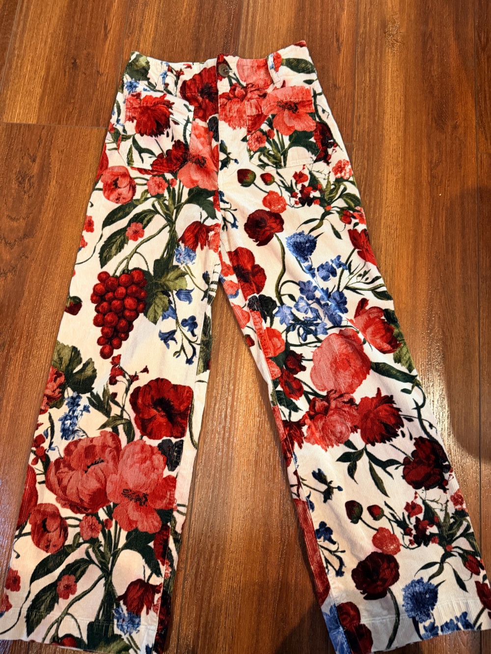 Maeve Collette White Wide-Leg Floral Pants with Red & Blue Print courderoy